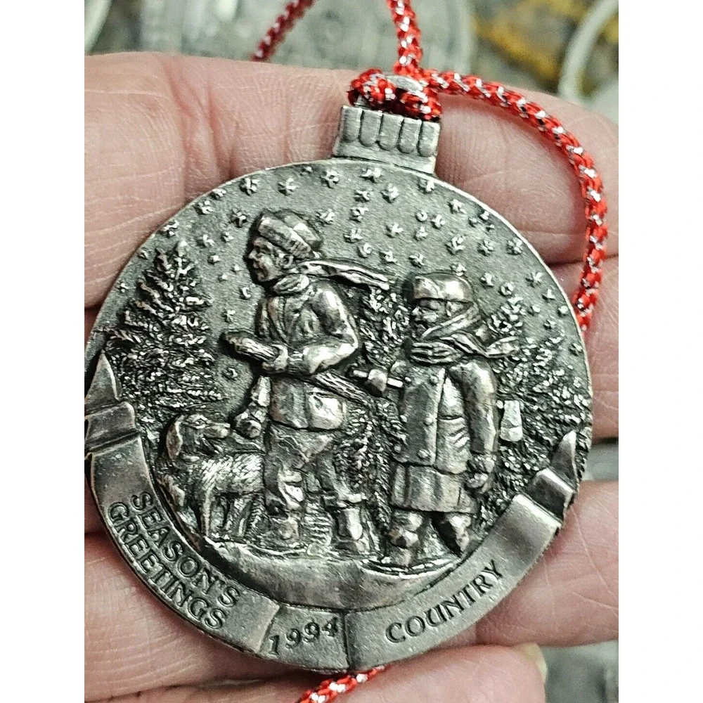 Set of 11 Country Promotional Pewter Christmas Ornament 1.75in Seasons Greetings